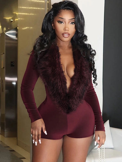Weird Puss Luxury Fur Deep V Collar Romper Women Full Sleeve Sexy Skinny Fitness Activity Streetwear Hipster Workout Playsuit