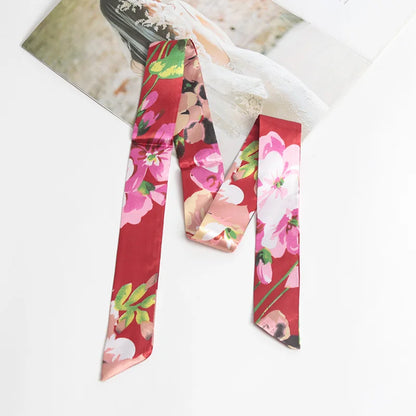 Women Print Flower Small Scarf Handle Bag Ribbons Fashion Head Scarf Small Long Skinny Scarves Headbands Tie Accessories