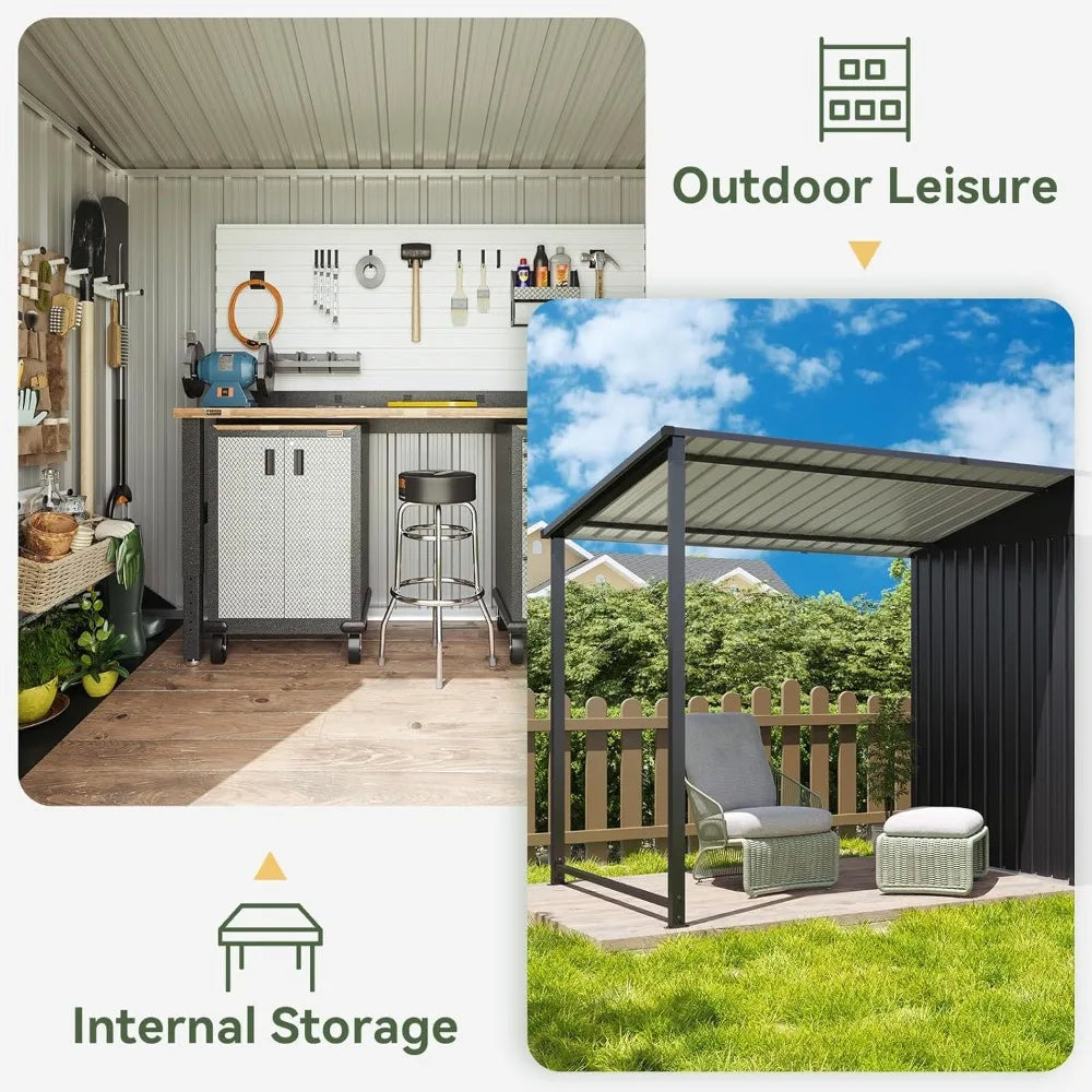 6x4FT Outdoor Metal Shed and Hardtop Gazebo Combo 12x4FT Lean to with PergolaA Black