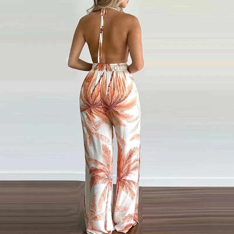 New Summer Sleeveless Halter Jumpsuits for Women Backless Print Lace-up Wide-leg Women Jumpsuit Rompers Womens Jumpsuit