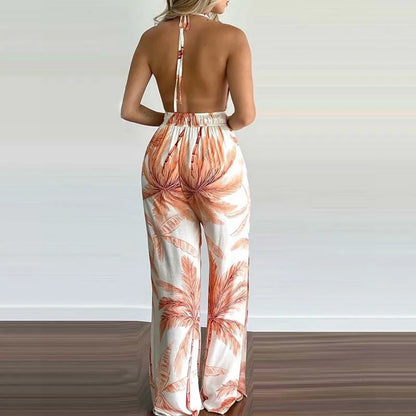 New Summer Sleeveless Halter Jumpsuits for Women Backless Print Lace-up Wide-leg Women Jumpsuit Rompers Womens Jumpsuit