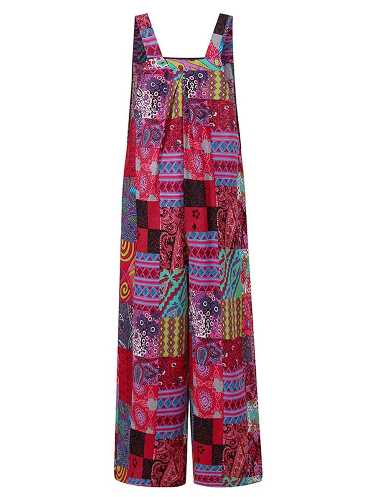 Captivating New Women Summer Overalls, Multicolor Ethnic Style Square Neck Sleeveless Casual Jumpsuit with Pockets for Girls