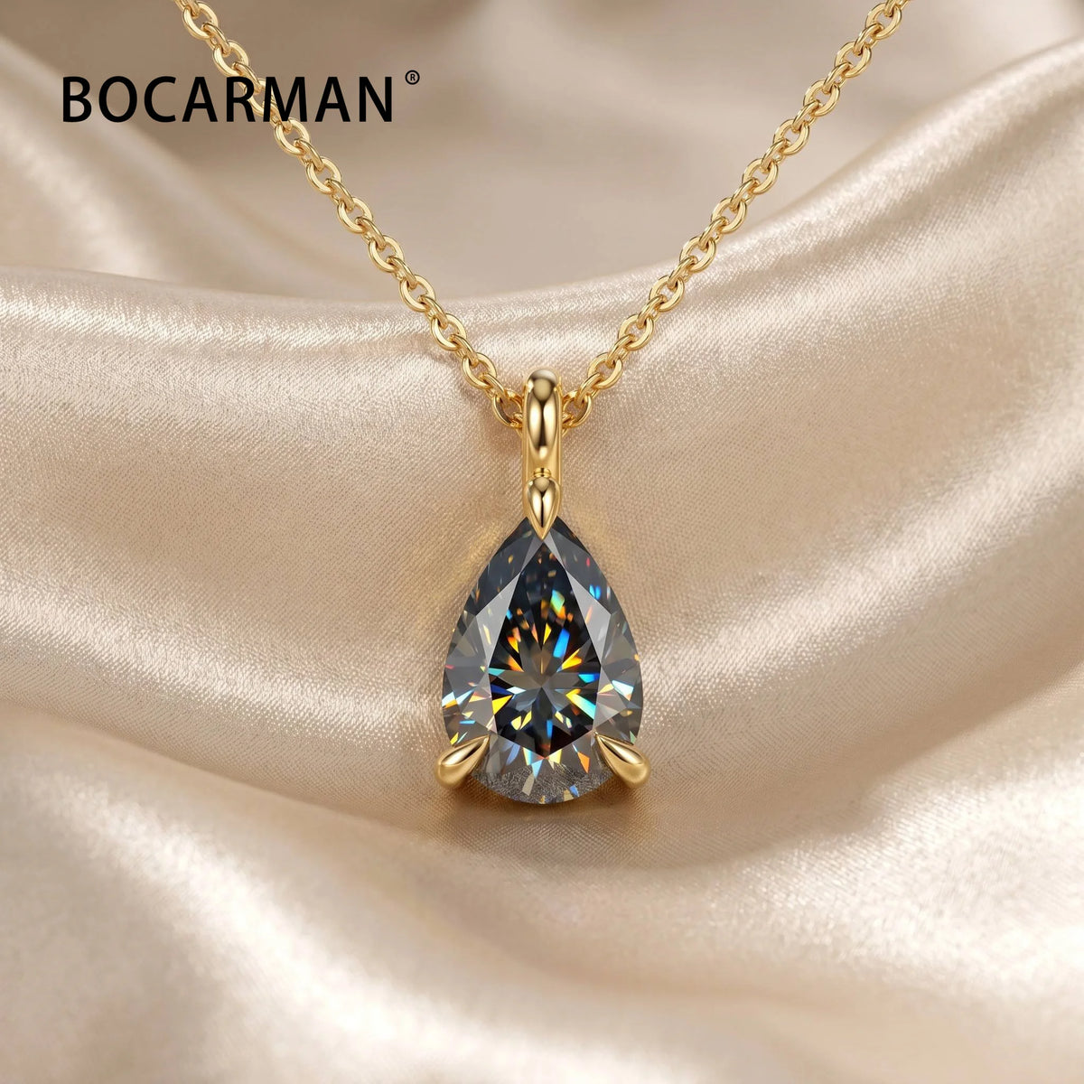 Bocarman Colorful Pear Moissanite Pendant on S925 Silver Chain GRA Iridescent Teardrop Whimsical Enchanting Gift