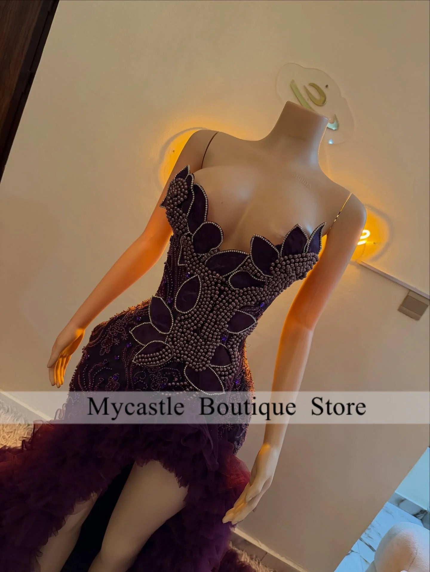 Luxury Pearl Beaded Deep Purple Spaghetti Strap Diamond Prom Dresses High Slit Ruffle Tulle Train Evening Gown Customized