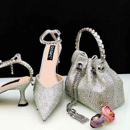 QSGFC Nigerian Popular Pointed Shoes And Bag Handle Soft Small Bag Anklet Design Mid-Heel Women's Shoes