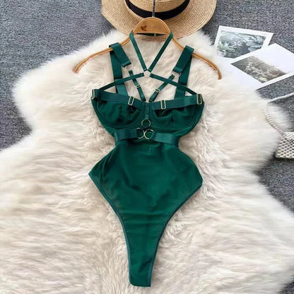 Coquette Lace Lingerie Set Sexy Mesh Bodysuit Valentines Day Sleepwear Gothic Strappy Catsuit Intimate Nightwear Romper