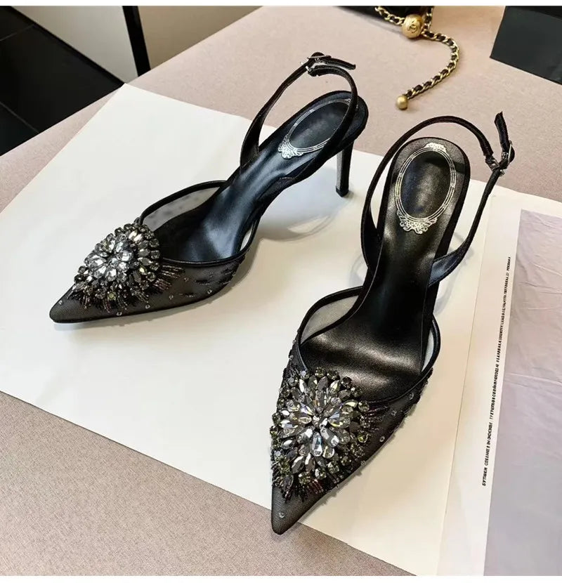 Luxury Diamond Pearls Lace Mesh Women Pumps Elegant Pointed toe Thin High heels Fashion Summer Slingbacks Wedding Party Shoes