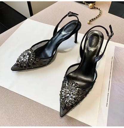 Luxury Diamond Pearls Lace Mesh Women Pumps Elegant Pointed toe Thin High heels Fashion Summer Slingbacks Wedding Party Shoes