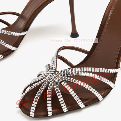 Gemstone High Heel Silk Slippers Women Luxury Caged Stiletto Heels Metallic Slippers Ladies Stylish Cross Strap Summer Shoes
