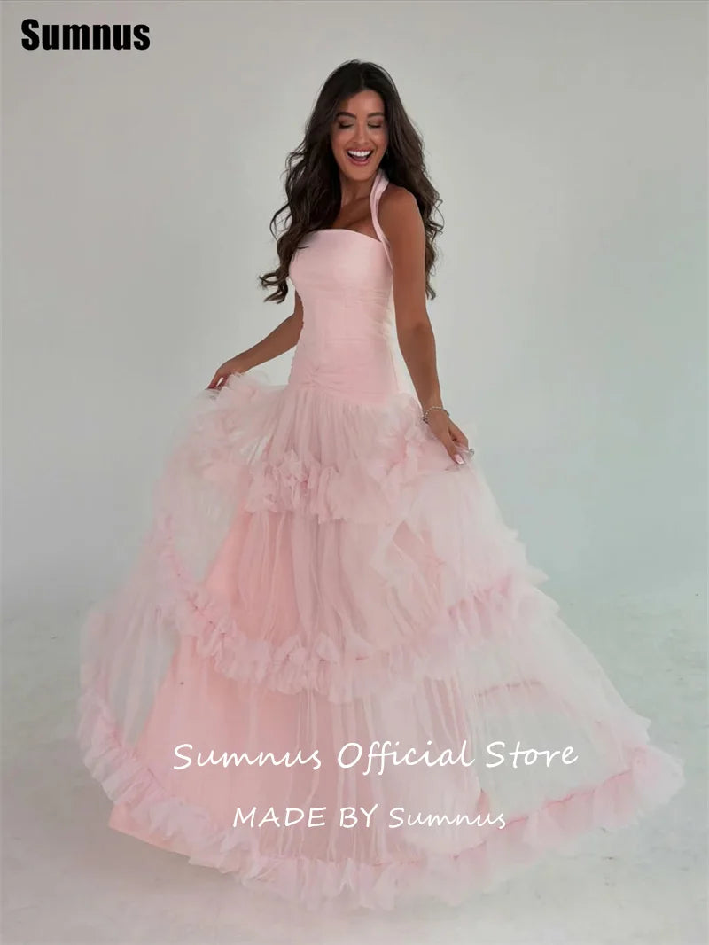 Sumnus Elegant A-Line Evening Dresses Pink Halter Ruched Ruffle Maxi Prom Dress Draped Birthday Princess Dress 2026 Customized