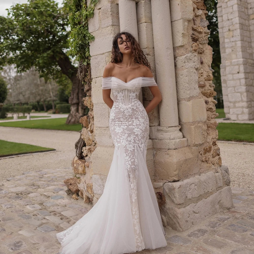 Off Shoulder Mermaid Wedding Dresses for Bride Backless Sweep Train Lace Tulle Summer Garden Beach Bridal Gowns свадебное Custom