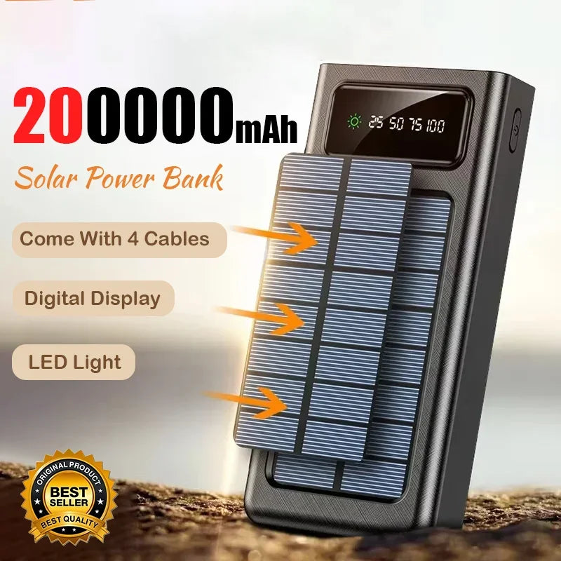 Lenovo Solar Power Bank 200000mAh Large Capacity Mobile Power Fast Charging Battery With Dual USB 4-Cables For iPhone Samsung