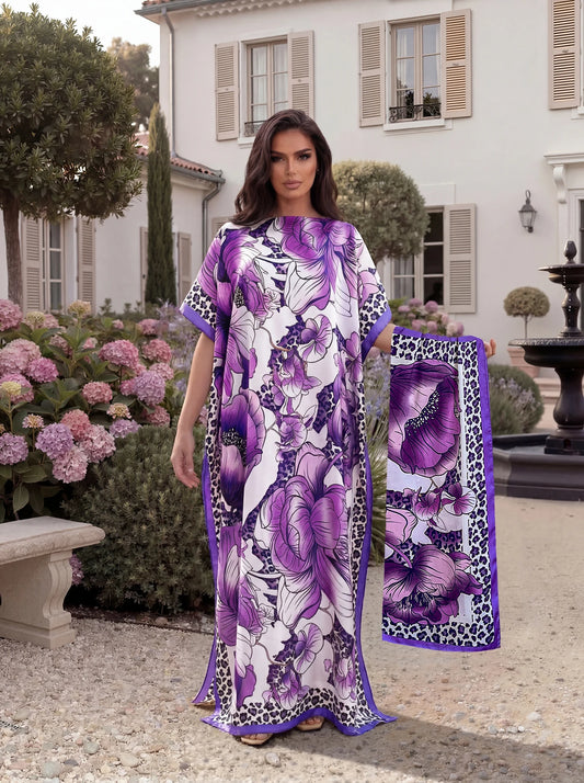 Tropical Floral Leopard Print Satin Abaya Scarf Set, Loose Batwing Maxi Kaftan For Muslim Women Summer Beach Vacation Wear