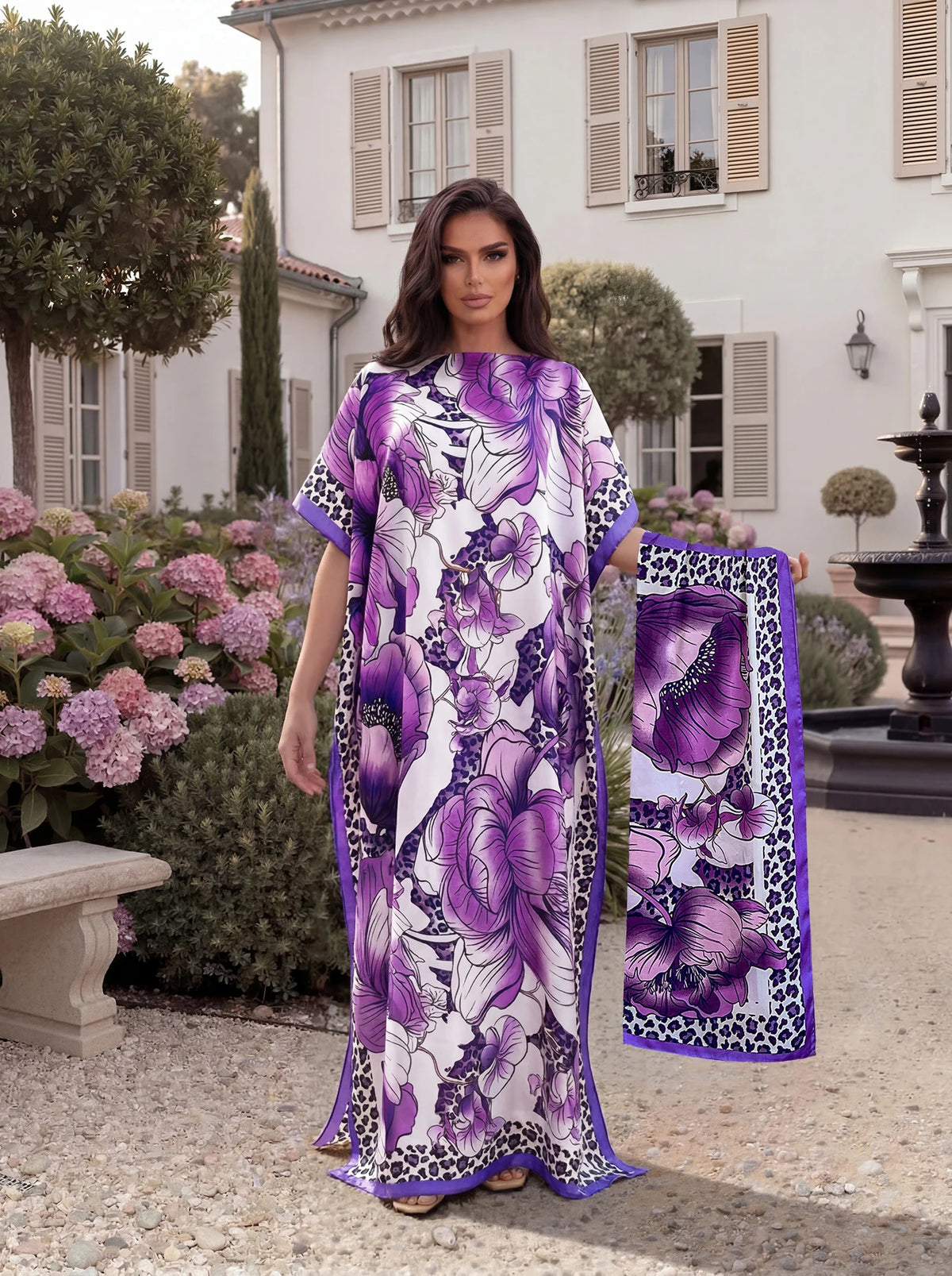 Tropical Floral Leopard Print Satin Abaya Scarf Set, Loose Batwing Maxi Kaftan For Muslim Women Summer Beach Vacation Wear