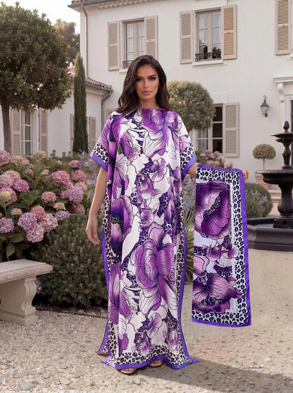 Tropical Floral Leopard Print Satin Abaya Scarf Set, Loose Batwing Maxi Kaftan For Muslim Women Summer Beach Vacation Wear