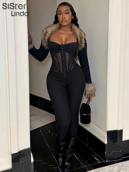 Sisterlinda Mesh Patchwork Hipster Jumpsuit Women Sleeveless Single-Breasted Elegant Sexy Midnight Workout Overalls Clubwear2024