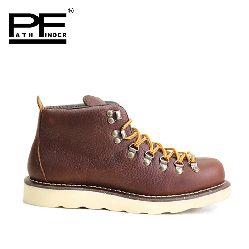 pf Fashion Genuine Leather Motorcycle Boots Men's Hiking Work Boots Women Ankle Western Boots Non-slip Round Toe