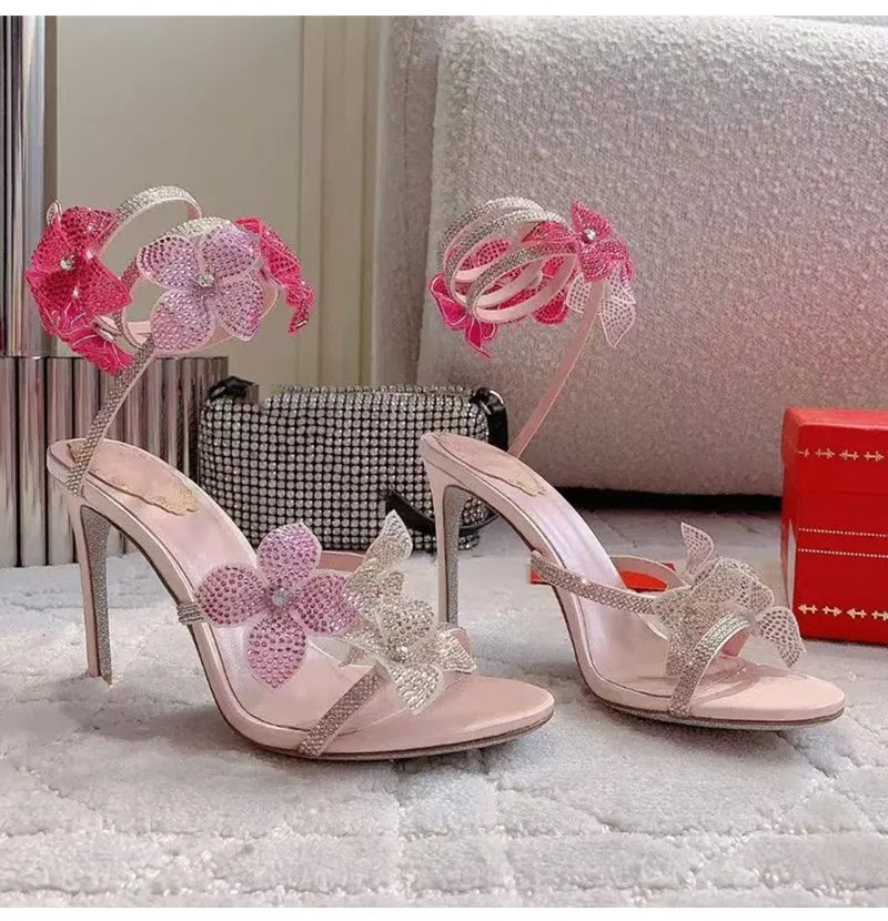 Luxury Rhinestones Flowers Women Gladiator Sandals Sexy Snake Twine Ankle Strap High heels Summer Wedding Prom Shoes Sandalias
