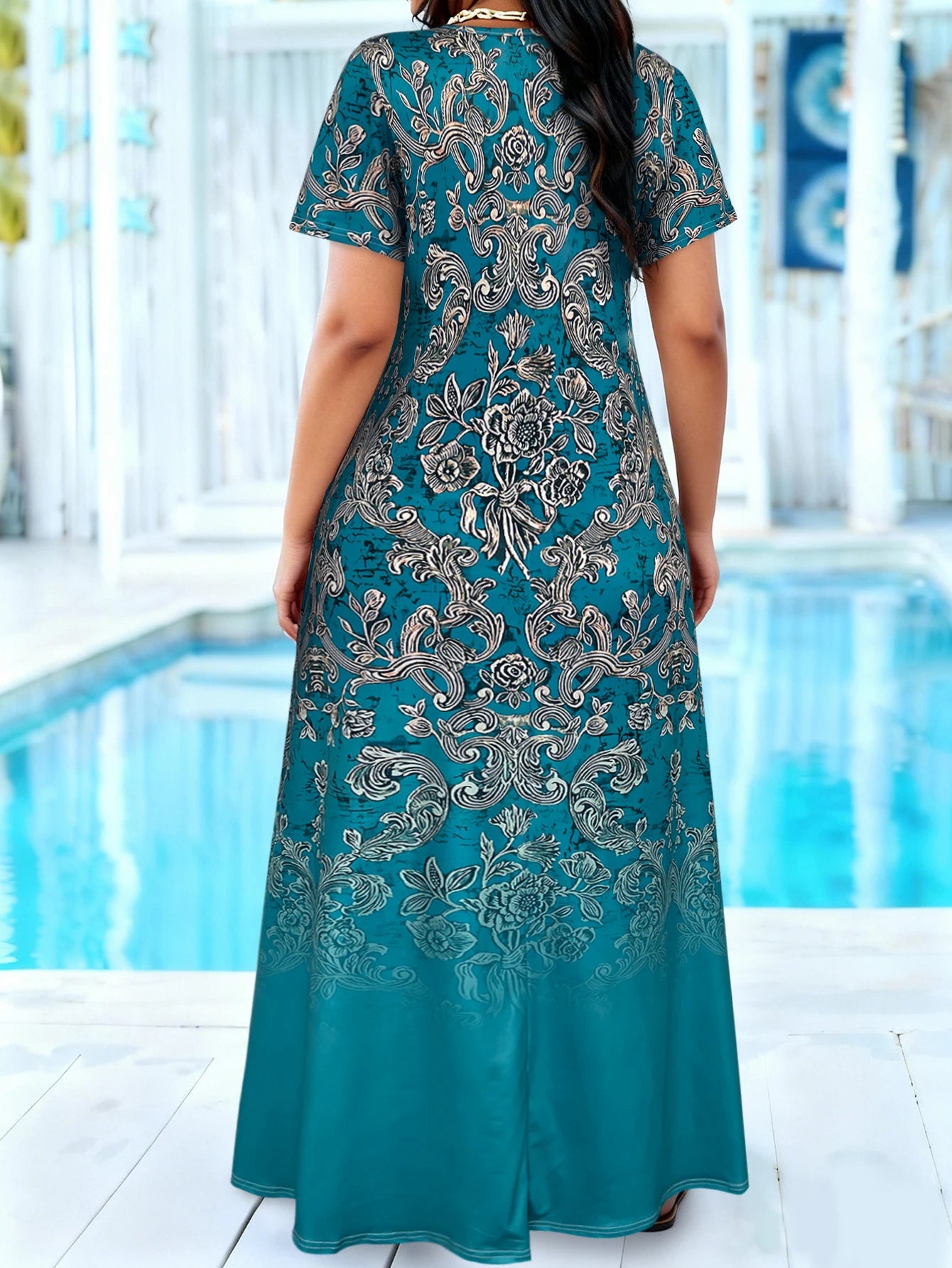 Plus Size Teal Baroque Floral Print Maxi Dress Summer Casual Short Sleeve Scoop Neck Loose Long Sundress With Pocket