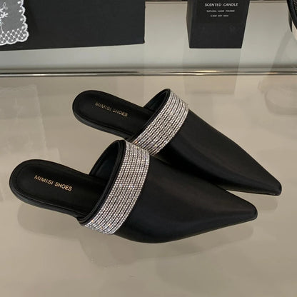 Pointy Toe Mules Women Slides Sandals Luxury Rhinestones Dress Shoes Summer 2025 Low Heel Gold Designer Slippers Ladies Pumps