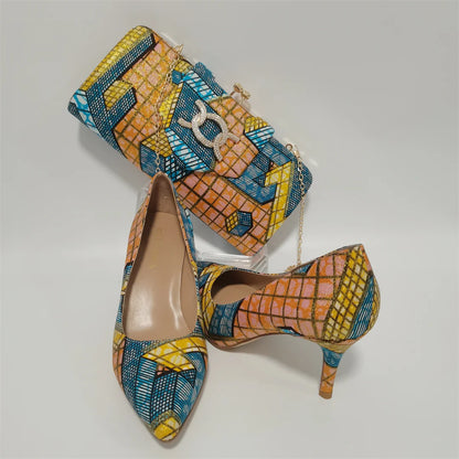 Fashion African Women Wedding Party Wax Shoes and Bag to Match Nigeria Ankara Style Print Shoes Bag Set F1110-1