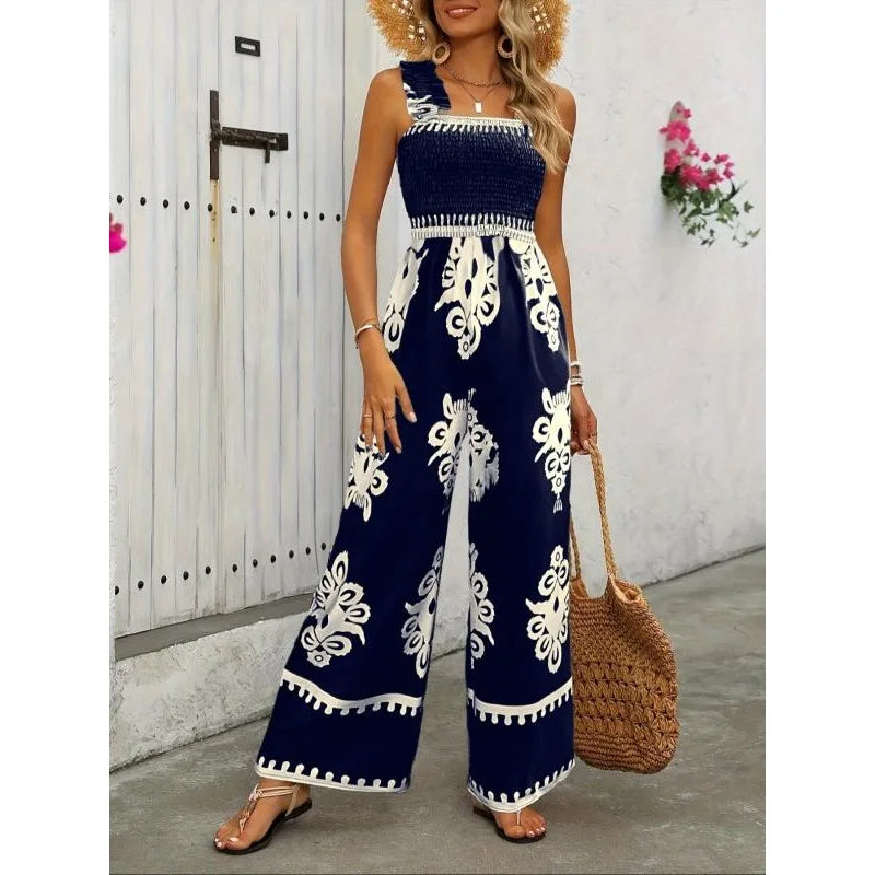 Plus Size Women's Chic Graphic Printing Sleeveless Square Neck Full Length Wide Leg Vacation Jumpsuits For Women