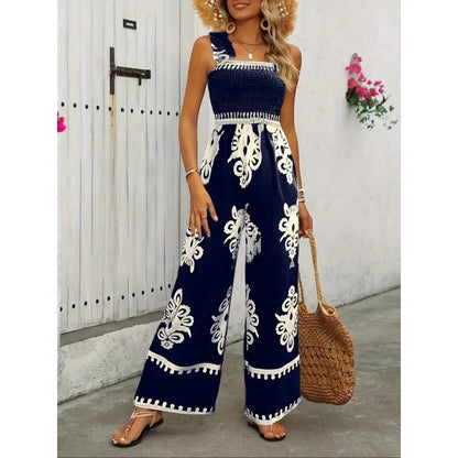 Plus Size Women's Chic Graphic Printing Sleeveless Square Neck Full Length Wide Leg Vacation Jumpsuits For Women
