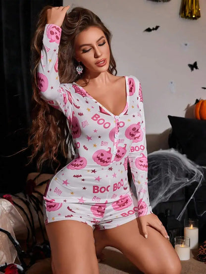 Women's Halloween Romper Pajamas Long Sleeve Button Front Pumpkin Print Bodycon Jumpsuit Shorts Sleepwear
