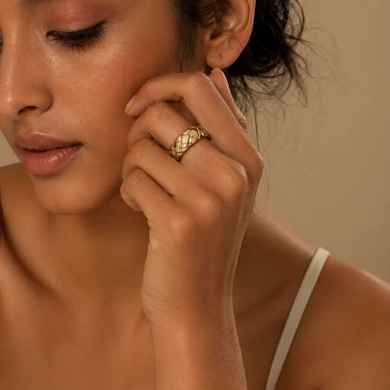 Minimalist Gold Plated Diamond Pattern Dome Ring Geometric Chunky Wide Rings Temperament Classic Wedding Jewelry Everyday Wear