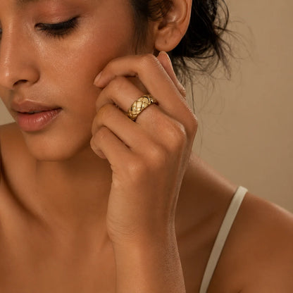 Minimalist Gold Plated Diamond Pattern Dome Ring Geometric Chunky Wide Rings Temperament Classic Wedding Jewelry Everyday Wear