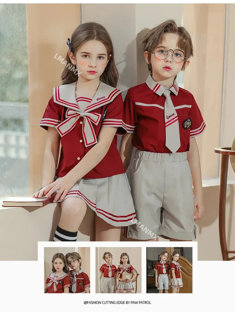 Kid Korean Japanese Striped School Uniform for Girls Boys Sailor Collar T Shirt Pleated Skirt Shorts Bow Clothes Student Outfit