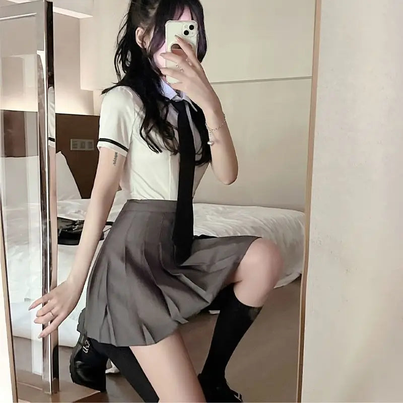 2025 improved daily jk uniform summer new white short/long sleeve shirt + pleated skirt jk uniform two-piece set for women w237