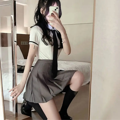 2025 improved daily jk uniform summer new white short/long sleeve shirt + pleated skirt jk uniform two-piece set for women w237