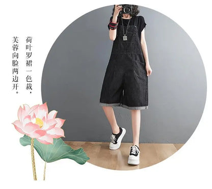 Summer Denim Straps Shorts Jeans Overalls Women Korean Wide Leg Jumpsuits Female Suspender Rompers Casual Conjoined Fifth Pants