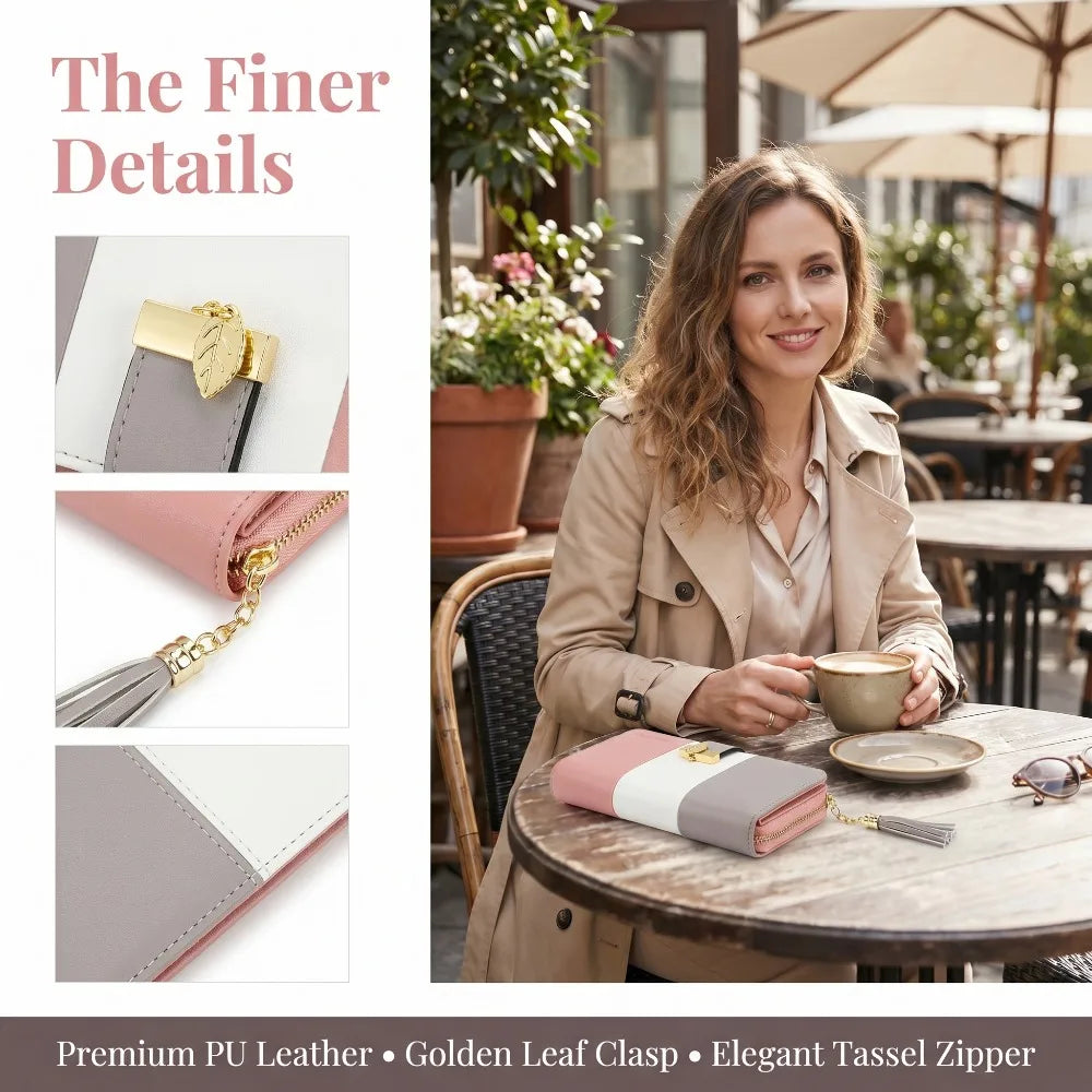 Pomelo Best Tri-color Women's Wallet Zipper Long Billfold PU Leather Large 9 Card Slots Coin Purse RFID Blocking Tassel Pendant