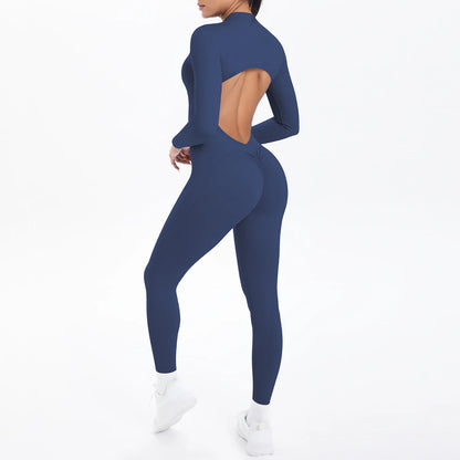 Solid Color Bodysuits for Woman's Backless Long Sleeved Zipper Yoga Jumpsuits High Dtrength Workout Sports Fitness Clothing Set