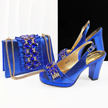 Purple Elegant Women Open Toe Heels Shoes and Bag Set Decoration Rhinestones Italians Women High Heels Shoes With Match Handbags