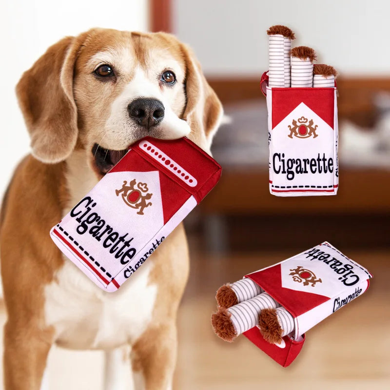Stuffed Raw Dog Bite Toy Joint Cigarette Case Plush Cigar Funny Interactive Puppy Dog Chew Squeak Toys Cigarettes Toy for A Dog