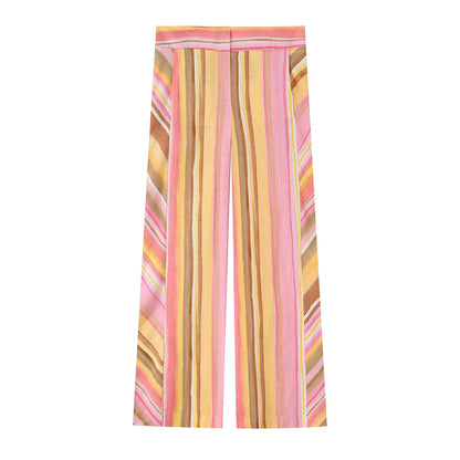 KONDALA Chic Striped Y2K Fashion 2026 Summer Long Pants Zipper Wide Leg Pockets Trousers Straight Female Casual Elegant Pants