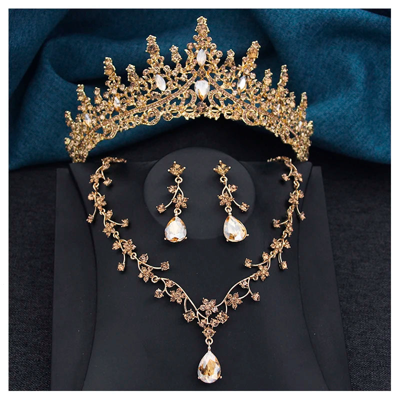 Elegant Silver Color Crystal Bridal Jewelry Sets Princess Tiara Crown and Necklace Earrings Sets for Bridal Wedding Prom Gifts