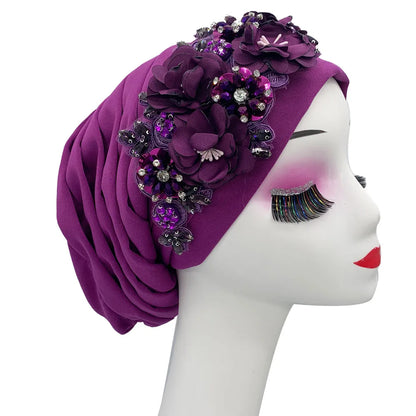 Elegant Flower Diamonds Women's Turban Cap African Party Headwear Hat Lady Head Wraps Muslim Headscarf Hats Turbante Mujer