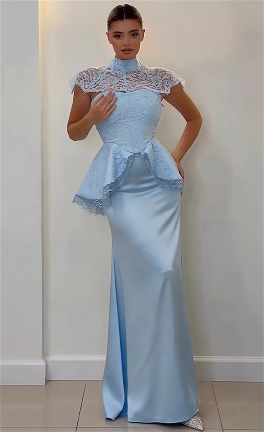 Sky Blue Lace Women Long Bespoke Occasion Gown Evening Dresses Prom Pastrol Unisex Jersey Retro Dubai Saudi Arabic Customized