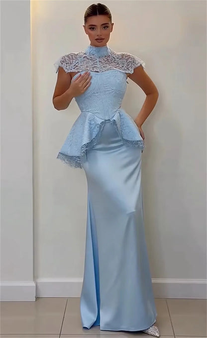 Sky Blue Lace Women Long Bespoke Occasion Gown Evening Dresses Prom Pastrol Unisex Jersey Retro Dubai Saudi Arabic Customized