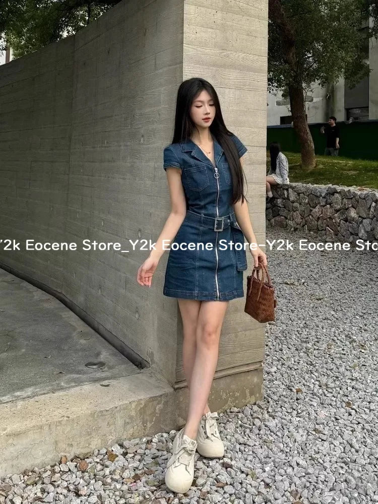 American Retro Black Denim Short Dress Women Summer Zipper Elegant Slim One Piece Dress Korean Fashion Design Casual Clothing