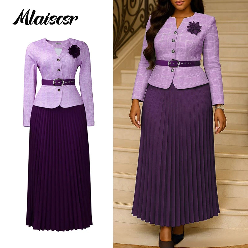 Mlaiscsr Fashion Plaid Blazer Suits for Woman Button 3D Floral Brooch Belt and Pleated Skirt 2 Piece Set Female Office Outfits