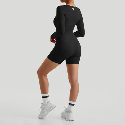 Women Jumpsuits Workout Seamless Yoga Ribbed Bodycon One Piece Sportwears Long Sleeve Short Leggings Romper Jumpsuit Femme