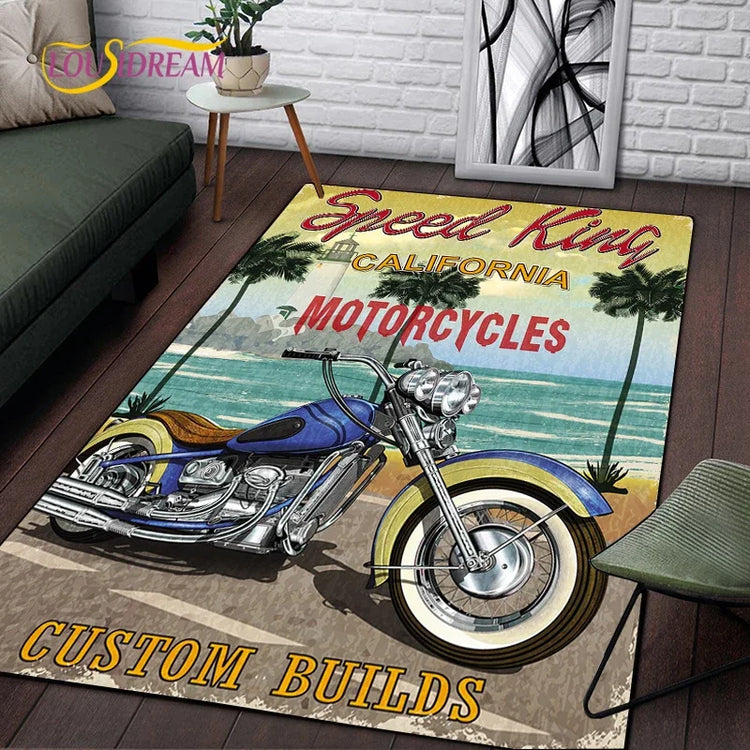 Retro Motorcycle Area Rug Carpet Moto Fans Non-slip Large Door Step Mat Bathmat for Living Room Bedroom Entrance Home Decoration