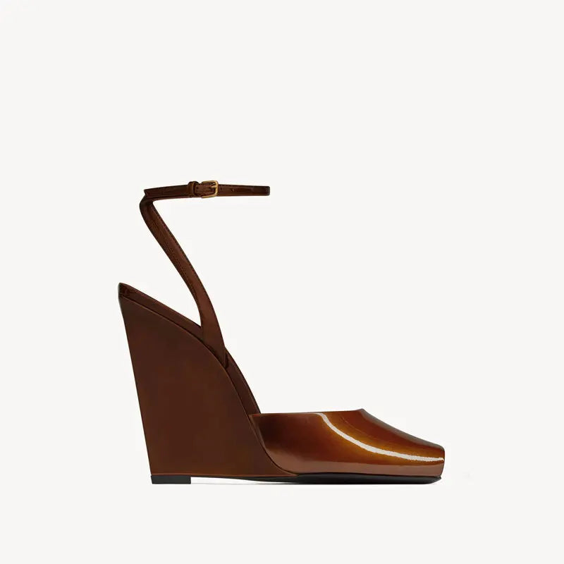 Ankle Strap Patent Leather Peep Toe Summer Women Sandals Wedges High Heel Buckle Strap Design Large Size Fashion Show Shoes