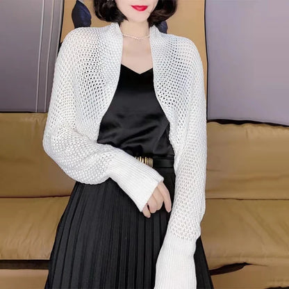 Summer Women Solid Color Hollow Out Long Sleeve Sunscreen Loose Knitted Cardigan