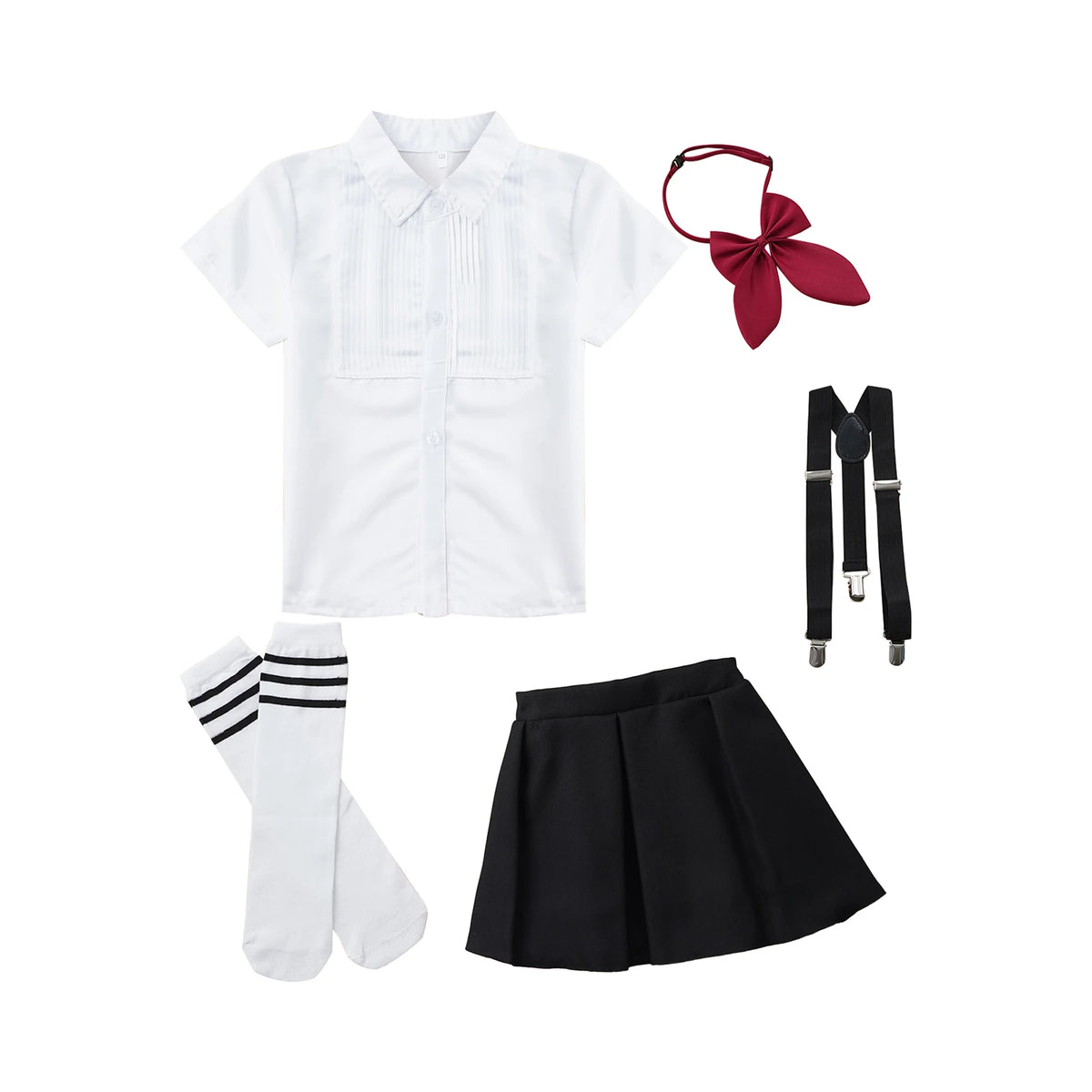 Children Girls Choir Outfits School Uniform Bow Tie Shirt with Suspender Skirt and Socks Schoolgirls Stage Performance Costume